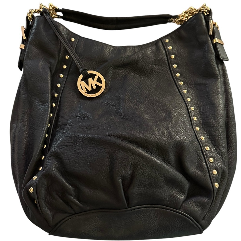 Michael Kors Black Leather Shoulder Bag with Gold Tone Accents - Picture 9 of 14